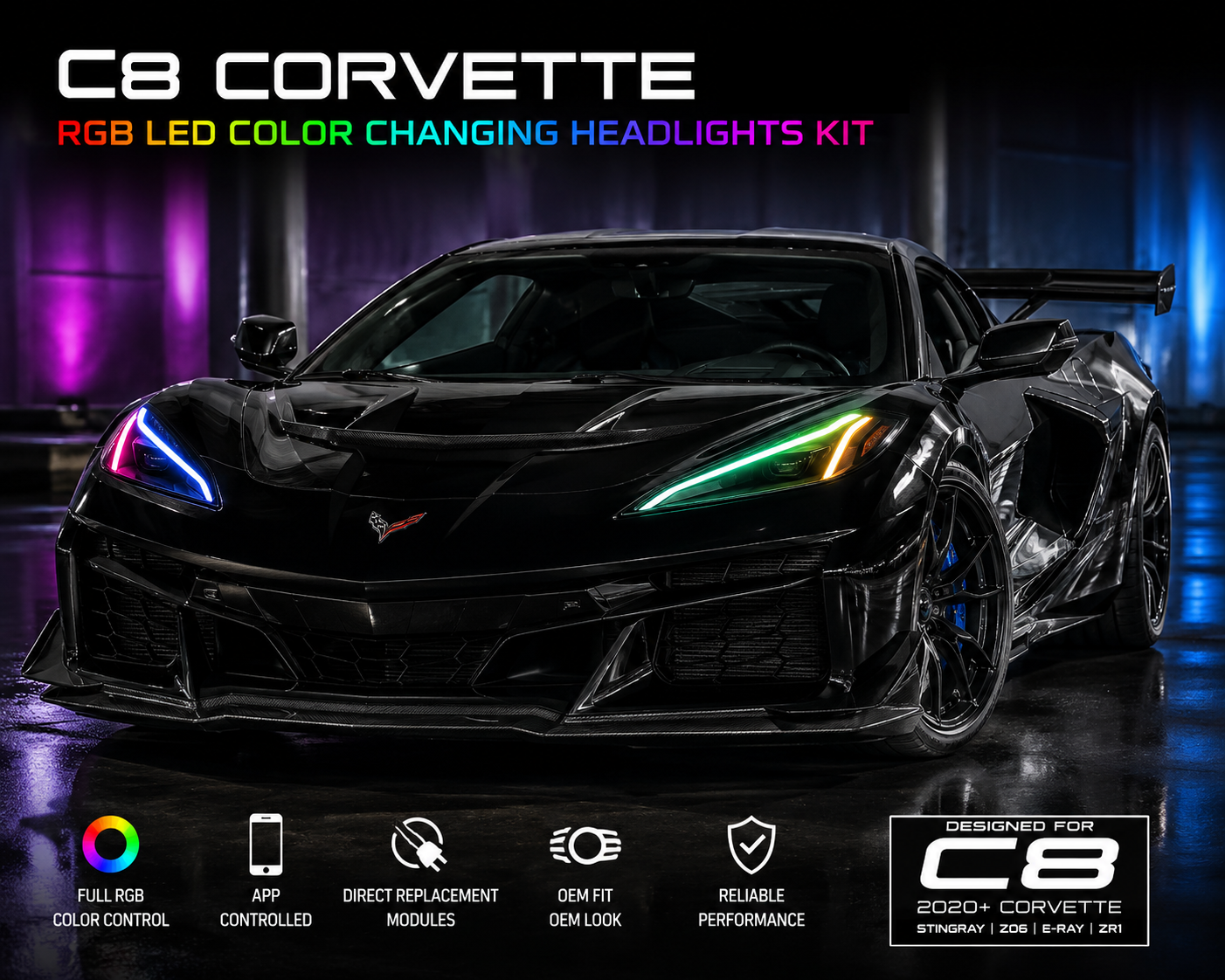 C8 Corvette Next-Gen RGB LED Headlight DRL Kit - Image 4